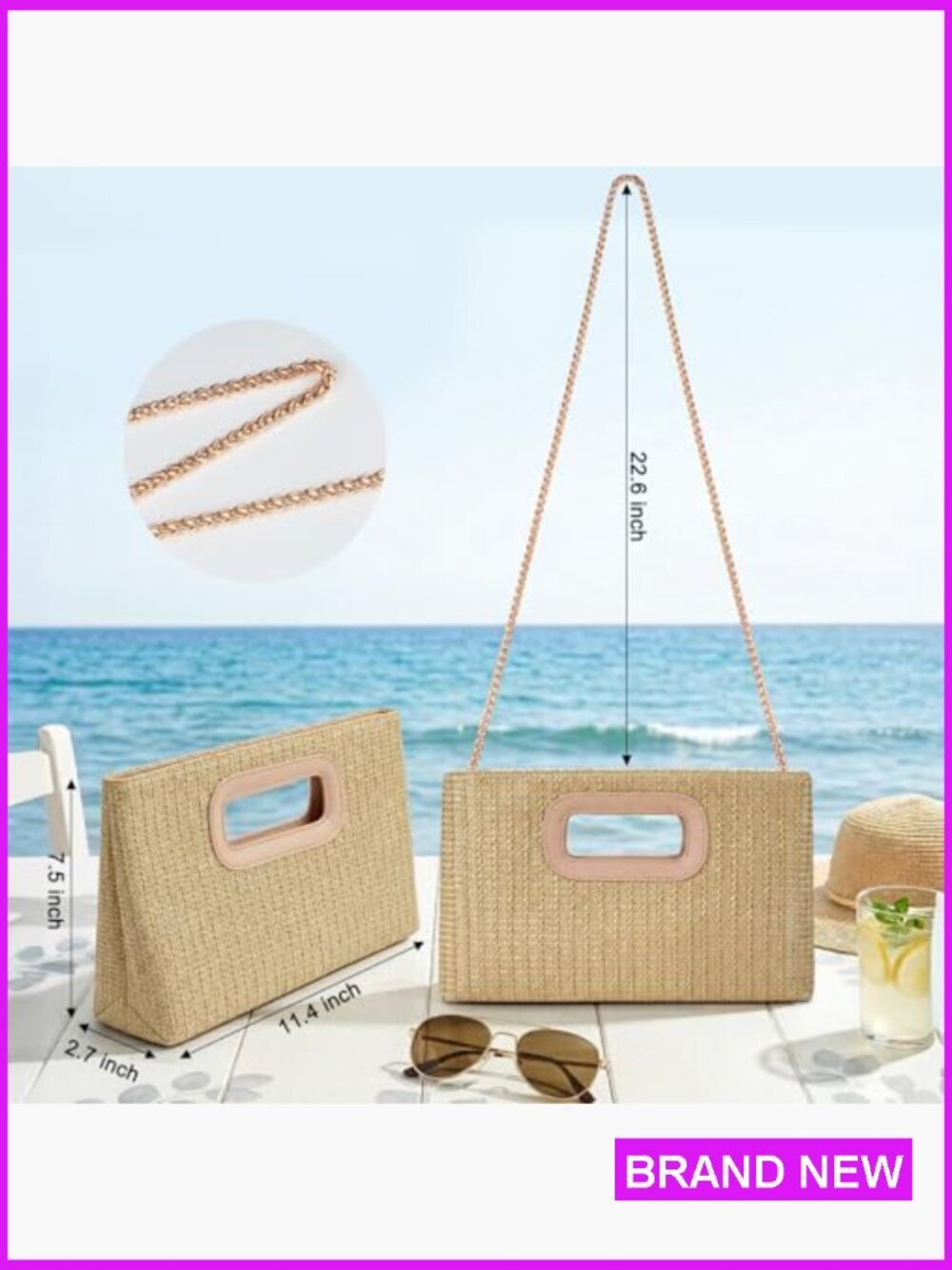 Woven Straw Handle Clutch Evening Bag with Gold Chain Shoulder Strap - Picture 5 of 6